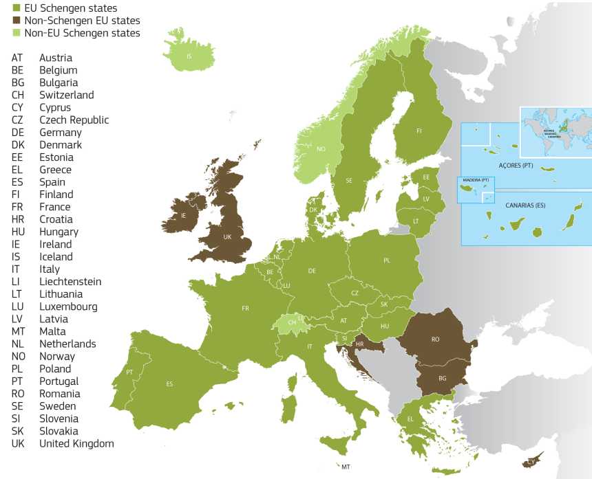 mapa com os países do tratado de schengen que exigem seguro saúde internacional